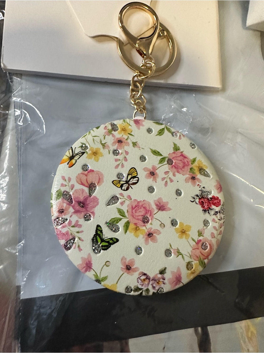 Source Unknown Floral Butterfly Compact Mirror Keychain - Pink & White